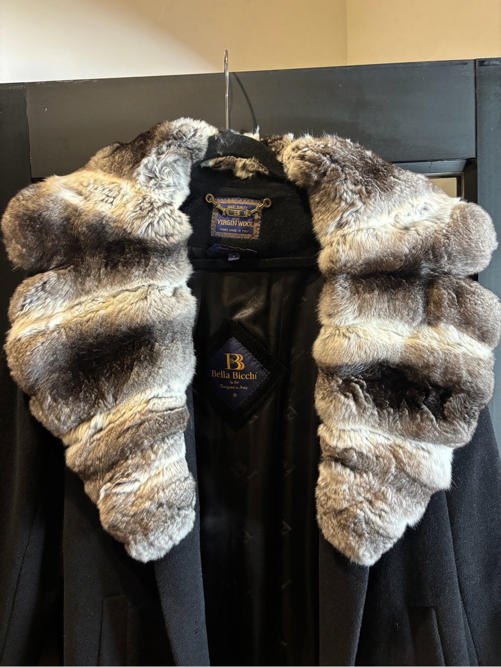 Black Trench Coat with Gray Fur Collar by Bella Rosa - Picture 2 of 3